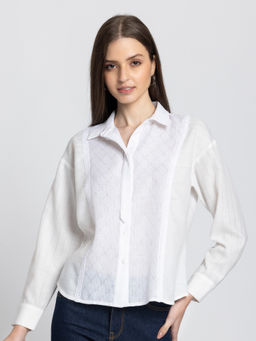 SHAYE - Women White Spread Collar Solid Full Sleeves Casual Shirt