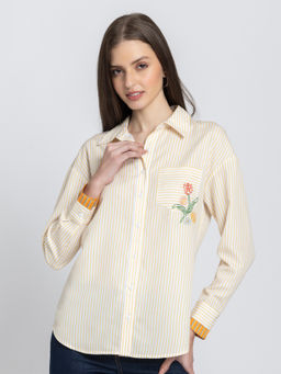 SHAYE - Women White Spread Collar Stripe Print Full Sleeves Casual Shirt