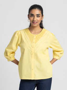 SHAYE - Women Yellow Round Neck Solid Three-Quarter Sleeves Casual Top