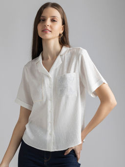 SHAYE - Women White Notch Collar Embroidered Short Sleeves Casual Shirt