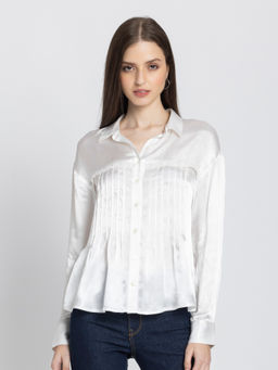 SHAYE - Women White Spread Collar Solid Full Sleeves Casual Shirt