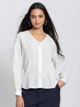 SHAYE - Women White V-Neck Solid Full Sleeves Casual Shirt