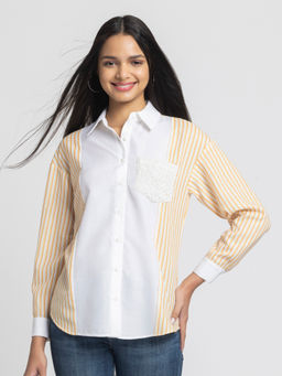SHAYE - Women White Spread Collar Stripe Print Full Sleeves Casual Shirt
