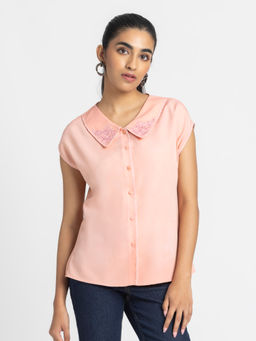 SHAYE - Women Peach Peter Pan Collar Embroidered Short Sleeves Casual Top
