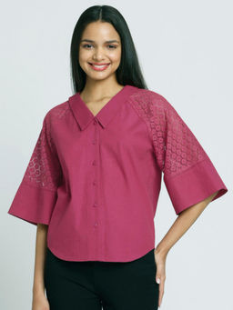 SHAYE - Women Dusty Pink Spread Collar Solid Short Three Fourth Sleeve Casual Top