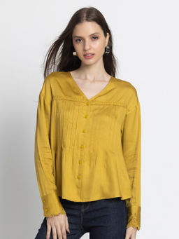 SHAYE - Women Mustard V-Neck Solid Full Sleeves Casual Shirt