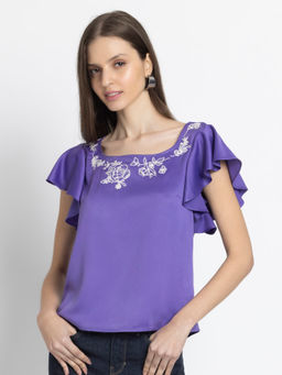 SHAYE - Women Purple Satin Embroidered Top