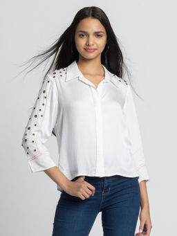 SHAYE - Women White Spread Collar Solid Three-Quarter Sleeves Casual Shirt