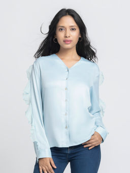 SHAYE - Women Aqua Blue V-Neck Solid Full Sleeves Casual Shirt