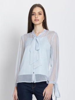 SHAYE - Women Aqua Blue Stripes Tie Up Neck Full Sleeves Casual Shirts With Cami