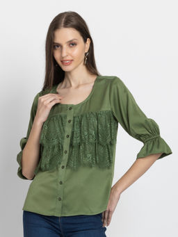 SHAYE - Women Green Satin Solid Top