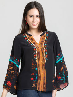 SHAYE - Women Black Viscose Floral Top