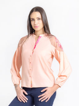 SHAYE - Women Peach Band Collar Embroidered Full Sleeves Casual Shirt