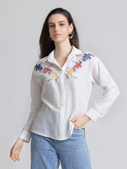 SHAYE - Women White Spread Collar Embroidered Full Sleeves Casual Shirt