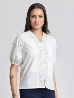SHAYE - Women White Cotton Embroidered Top