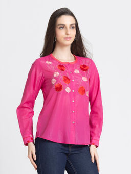 SHAYE - Women Pink Round Neck Embroidered Full Sleeves Casual Top