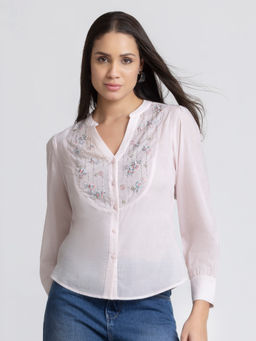 SHAYE - Women Pink V-Neck Embroidered Full Sleeves Casual Shirt
