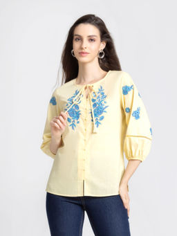 SHAYE - Women Yellow Round Neck Embroidered Three-Quarter Sleeves Casual Shirt