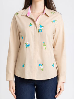 SHAYE - Women Beige Spread Collar Embroidered Full Sleeves Casual Shirt