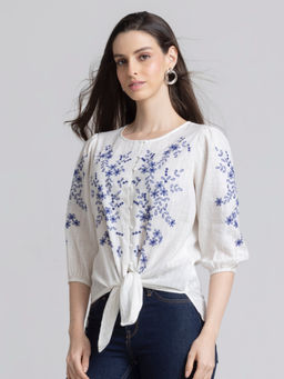 SHAYE - Women White Round Neck Embroidered Three-Quarter Sleeves Casual Shirt