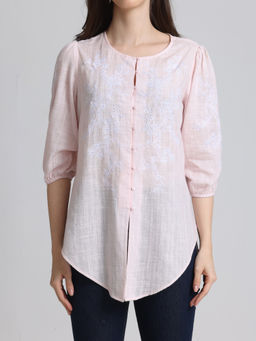 SHAYE - Women Pink Round Neck Embroidered Three-Quarter Sleeves Casual Shirt