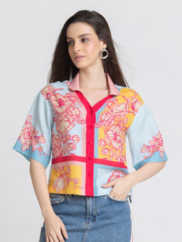 SHAYE - Women Blue Spread Collar Floral Print Short Sleeves Casual Shirt