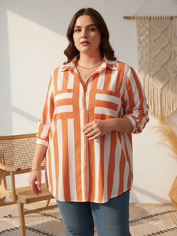 Qurvii - Women Orange and white stripe high low shirt