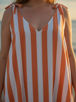 Qurvii - Women Orange Crepe Stripes A-Line Dress