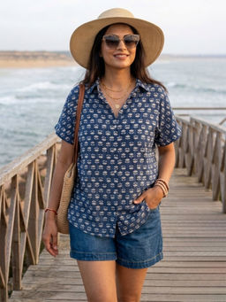 Qurvii - Women Navy Blue printed cotton shirt