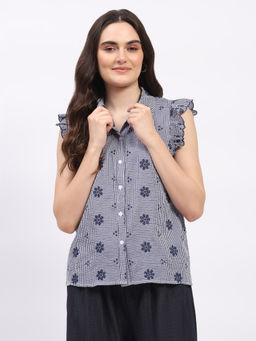 Global Republic - Women Navy Blue Cotton Blend Embroidered Top