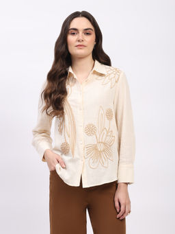 Global Republic - Women Cream Cotton Embroidered Shirt