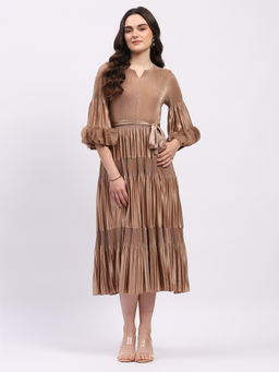 Global Republic - Women Beige Polyester Solid Flared Dress