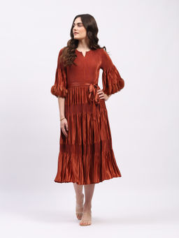 Global Republic - Women Rust Polyester Solid Flared Dress