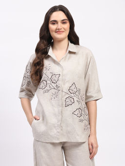 Global Republic - Women Off White Linen Embroidered Shirt