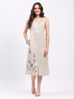 Global Republic - Women Off White Linen Embroidered A-Line Dress