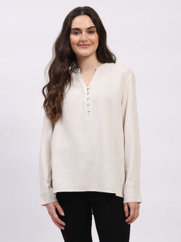 Global Republic - Women Off White Cotton Linen Solid Top