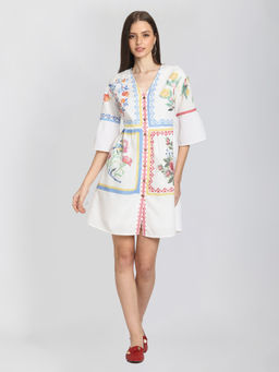 SHAYE - Women White Linen Floral Shirt Dress