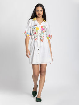 SHAYE - Women White Linen Floral Shirt Dress