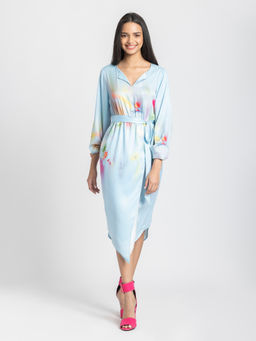 SHAYE - Women Blue Polyester Floral Wrap Dress with Belt