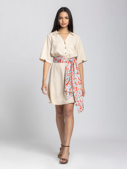 SHAYE - Women Beige Viscose Rayon Solid A-Line Dress