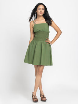 SHAYE - Women Green Cotton Solid Flared Dress