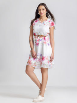 SHAYE - Women White Polyester Floral Flared Dress