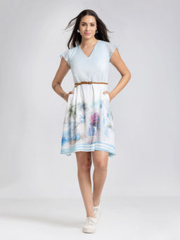 SHAYE - Women Blue Polyester Floral Flared Dress