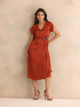 SHAYE - Women Rust Polyester Solid A-Line Dress