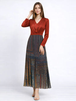 SHAYE - Women Rust Polyester Embellished Flared Dress