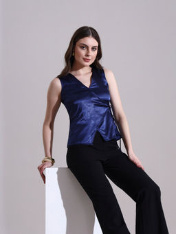 SALVIA SKY - Women Blue Satin Solid Top