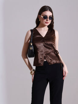 SALVIA SKY - Women Brown Satin Solid Top