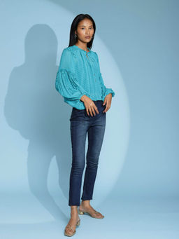 Label Ritu Kumar - Round Neck Balloon Sleeves Self Design Short Top with Camisole (Set of 2)