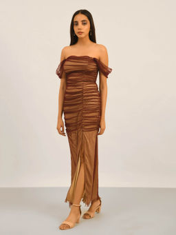Attic Salt - Wine Thigh-high Slit Dress With Contrast Lining