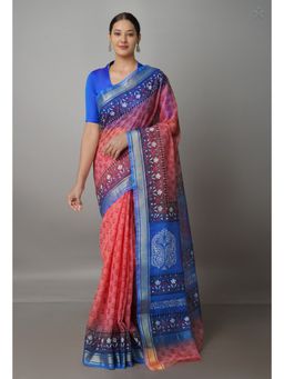 Unnati Silks - Peach Pure Block Printed Kota Cotton Saree with Unstitched Blouse